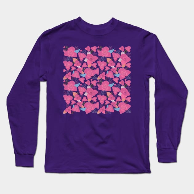 Purple rose floral pattern Long Sleeve T-Shirt by Farhad